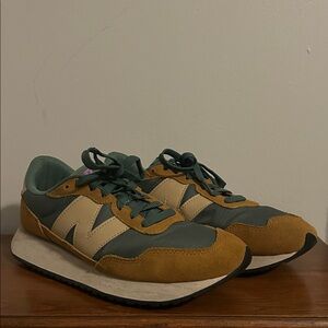 New Balance 237 Green, Tan & Beige Retro Sneakers with Purple Accents